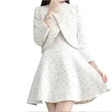 Осенне-зимний твидовый комплект из 2 предметов, женская элегантная короткая куртка с бусинами и жемчугом, шерстяное платье без рукавов, DV67