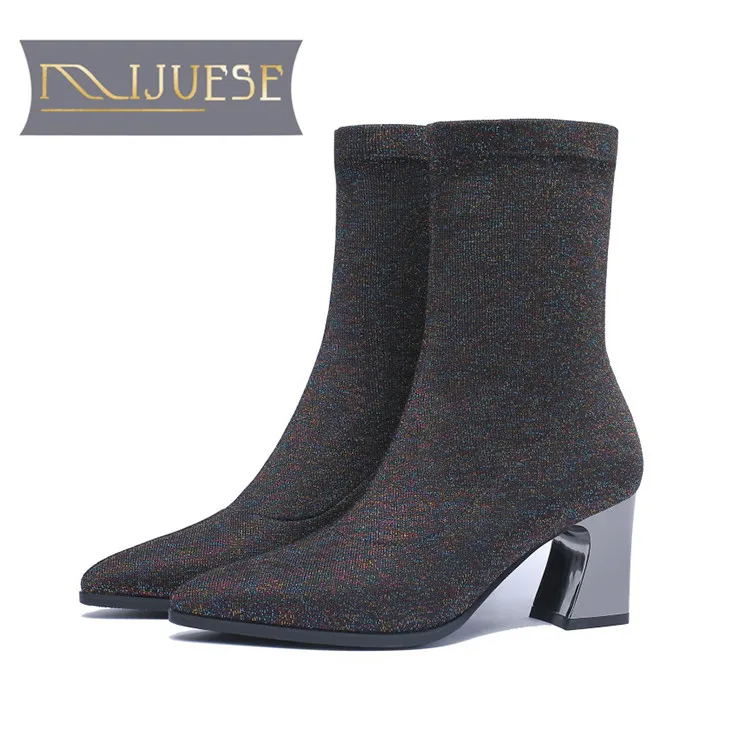 

MLJUESE 2019 women Mid calf boots cow leather stretch fabric Bling pointed toe high heels women martin boots casual boots 34-42