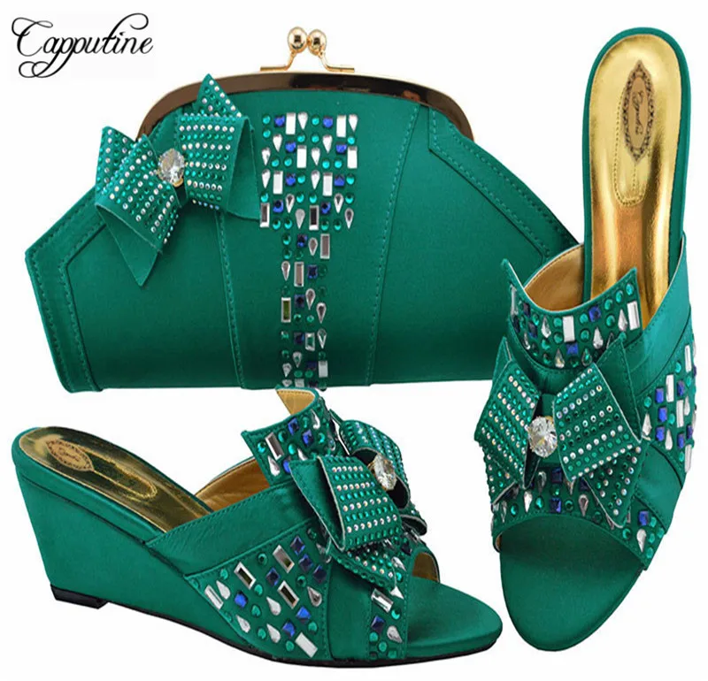 

Capputine High Quality Italian Slipper Teal Color Shoes And Bag Set Nigerian Summer Wedges Heels Shoes And Bag Set For Party