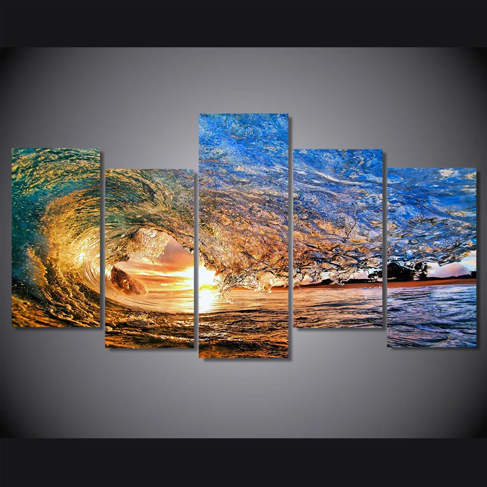 Canvas Wall Art Pictures HD Printed Painting Frame Modern Living Room Decor 5 Panel Ocean Sea Wave Sunset Seascape Poster PENGDA