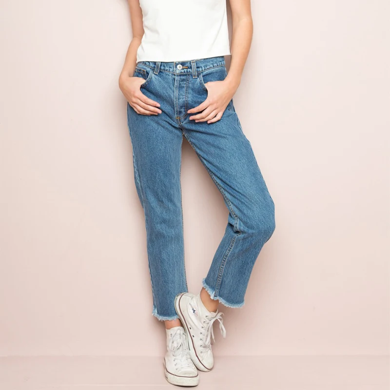 Women DANNY DENIM Jeans with Frayed Hems Girl's High Waist Cropped