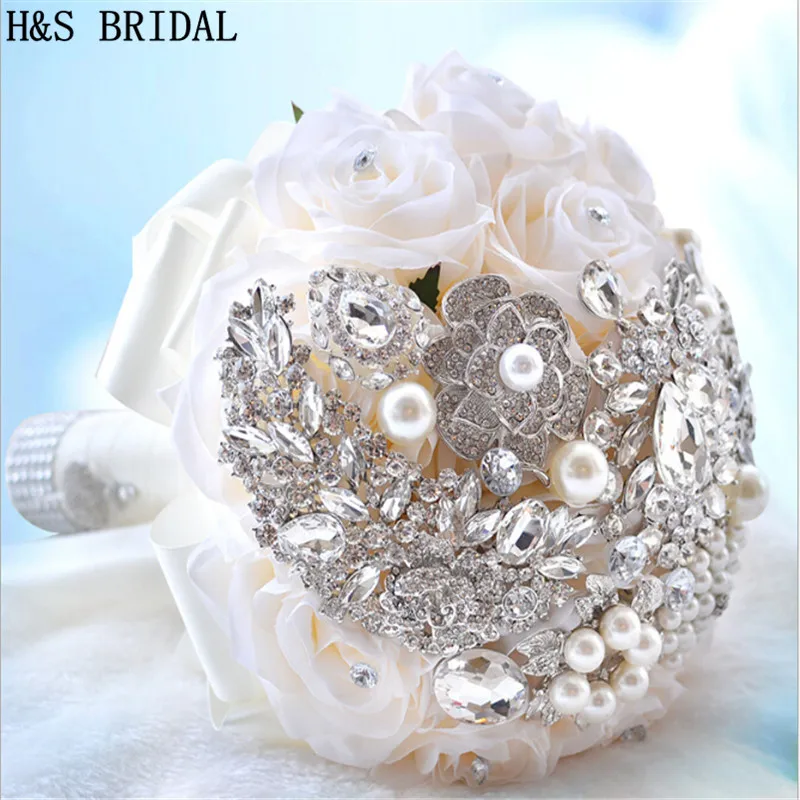 Ivory Purple Hand Made Elegant Decorative Artificial Rose Flower Rhinestone Bride Bridesmaid With Crystal Wedding Bouquet