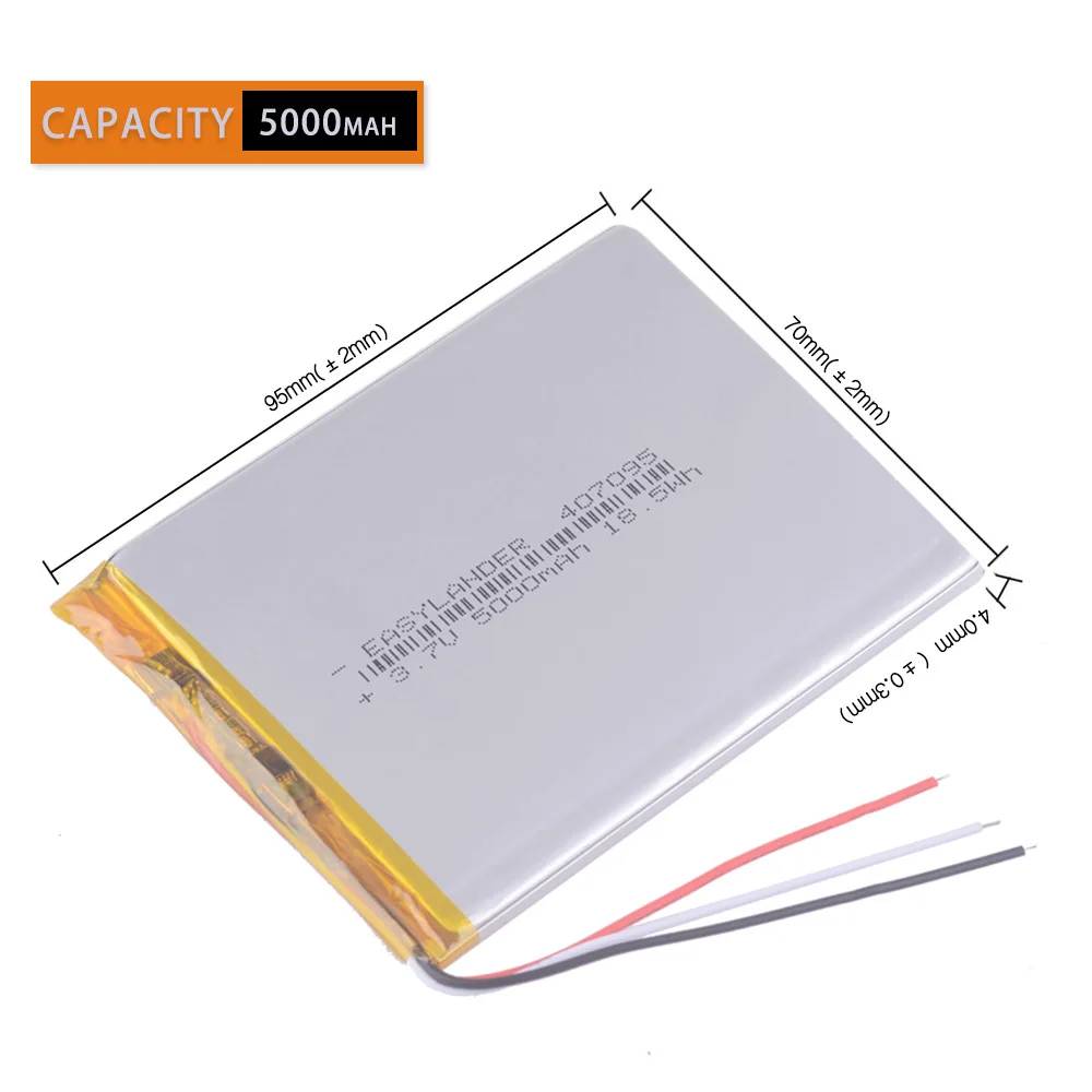 

3wires 3.7V 5000mah (polymer lithium ion battery) Li-ion battery for tablet pc 7 inch MP3 MP4 [407095] replace High capacity