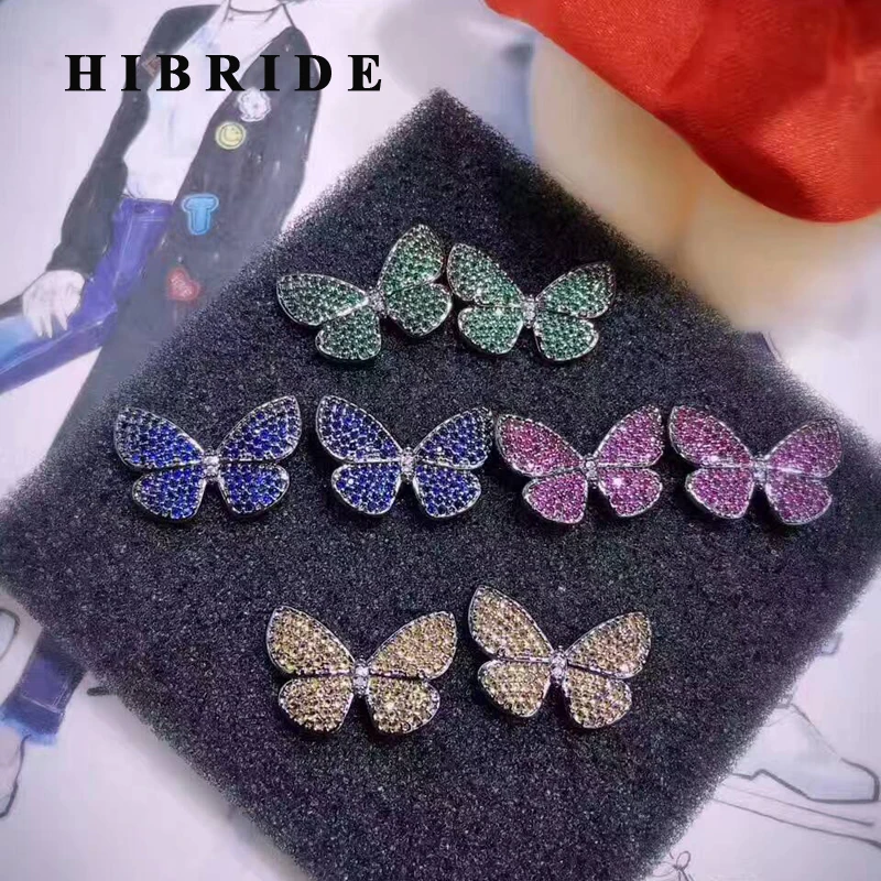 HIBRIDE, красивые, в форме бабочки, цветные, микро кубический циркон, женские подарочные серьги-гвоздики, женские, Bijoux Brincos, E-448