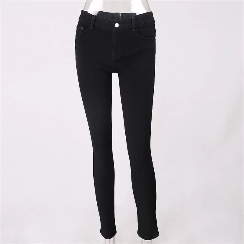 Fashion Straight Long Jeans Women Basic Classic Mid Waist Skinny Black
