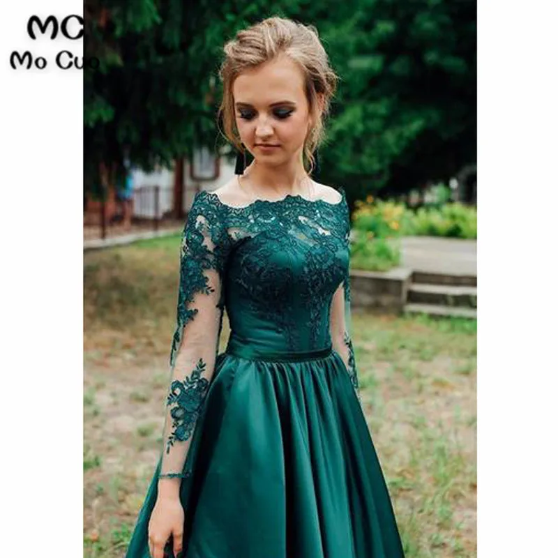 Green Satin Lace Long Prom Dress, Green Evening Dress55
