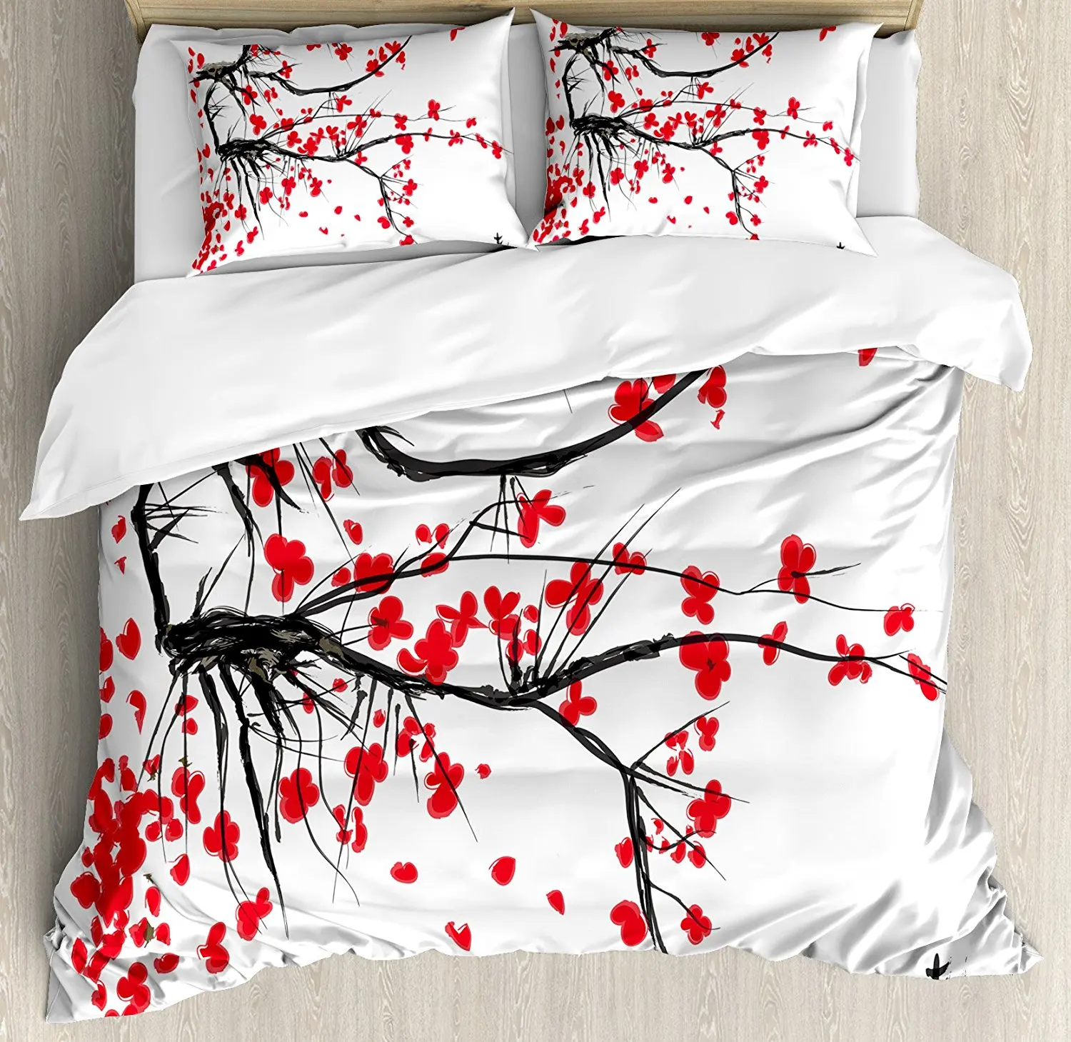 

House Decor Duvet Cover Set Sakura Blossom Japanese Cherry Tree Summertime Vintage Cultural Artwork, 4 Piece Bedding Set