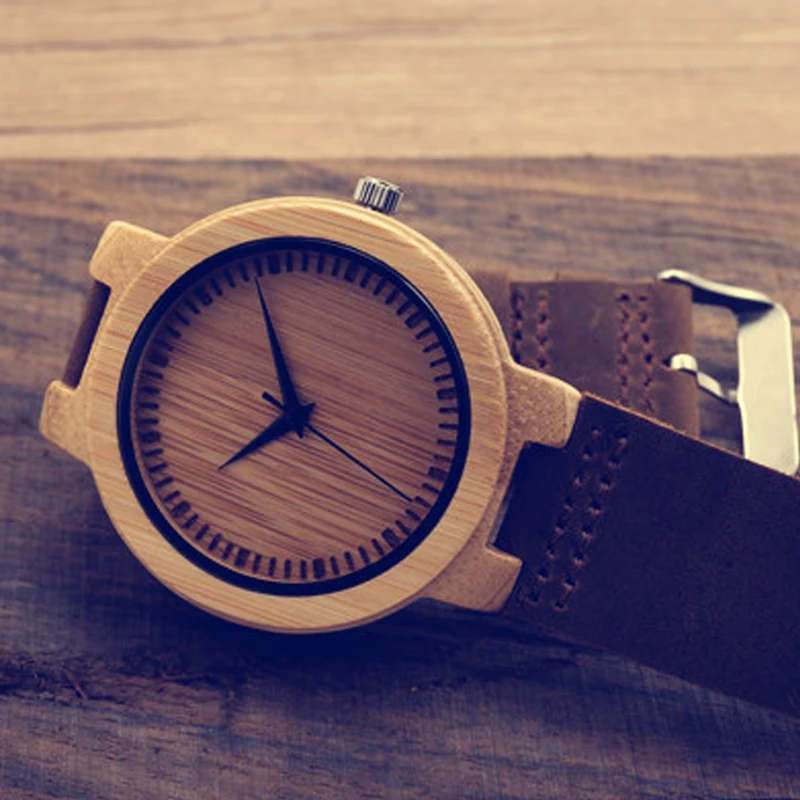 BOBO BIRD Simple Men Watches Bamboo Case Leather Strap Wooden Wristwatch for Male in Gift Box