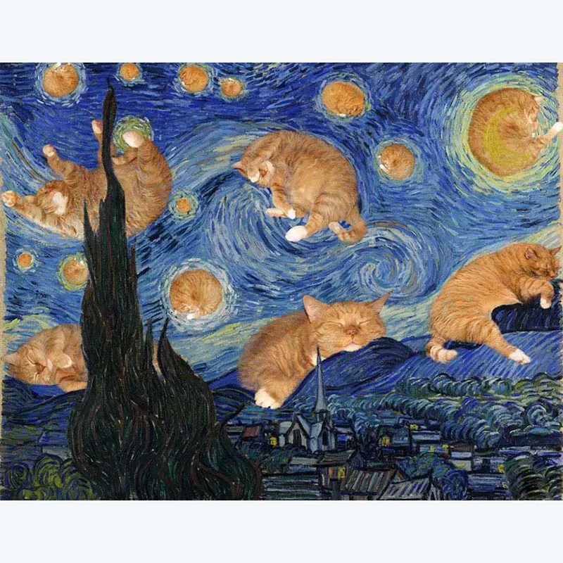 

Starry Night Van Gogh Oil Painting Mosaic Full Square Diamond Painting Cat Animal Home Decorative Round Drill Embroidery Stitch
