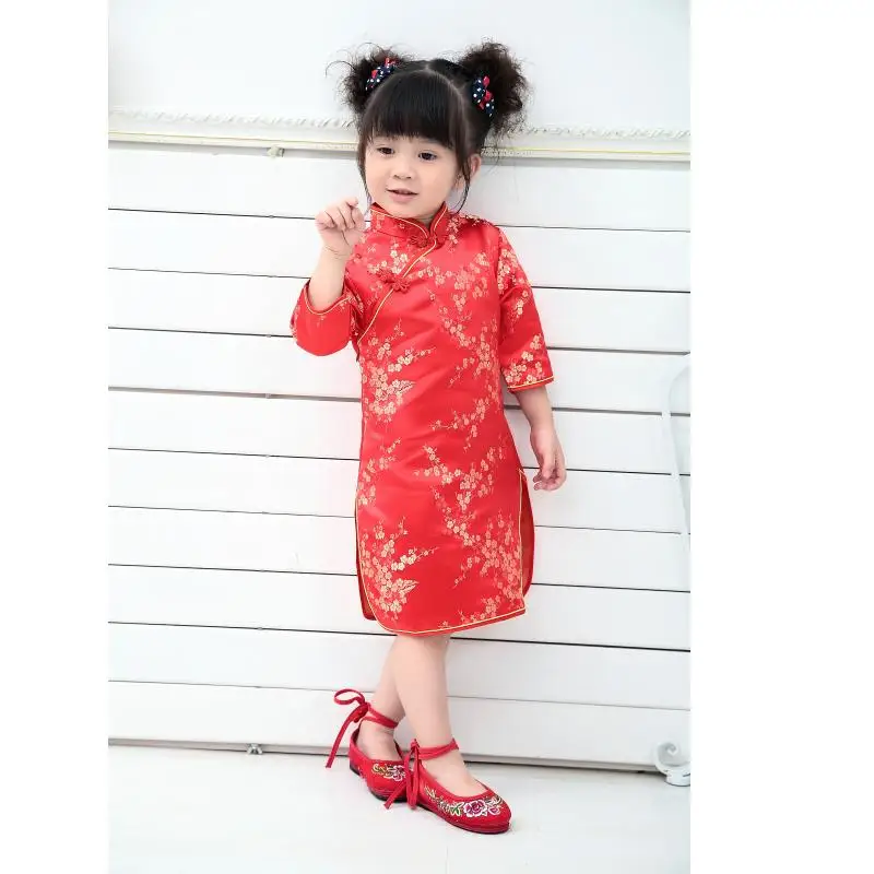 Plum Baby Girls Dress Chinese Qipao Clothes Sleeved Festival Party Children Dresses Kids Chi-pao Cheongsam 2 4 6 8 10 12 14 16 Y