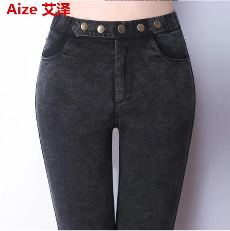 

2017 Spring Autumn Women Fashion Slim New Plus Size Stretch Jeans Casual Button Elastic High Waist Black Pencil Denim Pants
