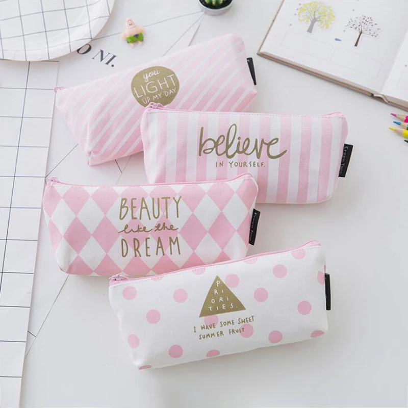

Fresh Pink Series Pencil Case Office Stationery and School Supplies High Capacity Canvas Material Pencil Bag 1PCS