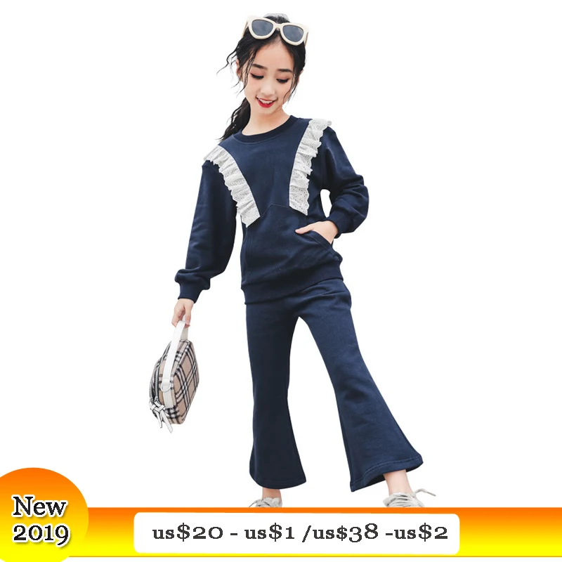

Princess Girls Lace Sweatshirt Clothing Sets Two Pieces Flared Trousers Suits age 6 8 10 12 years new 2019 spring girls outfit