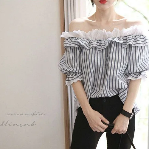 

COIGARSAM Korea Style blouse women Office Lady Ruffles Half Sleeve Patchwork Striped blusas womens tops and blouses Navy 6222