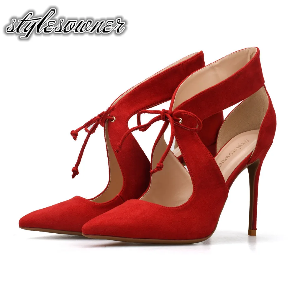 

Stylesowner 2018 New Style Red Color Pointed Toe Open side Pumps Shoes for Woman Faux Suede Shallow Hollow out Stiletto Female