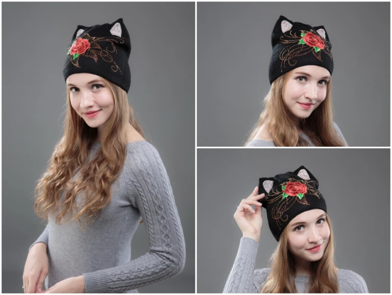 Дизайн женские шапочки Skullies Милая Красная Роза девушка осень зима шапка с кошачьими ушками Стразы Цветочные женские зимние шапки бини