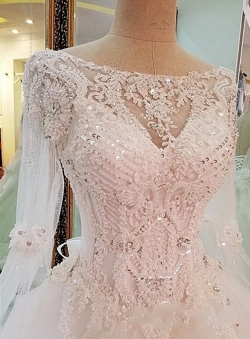 Sequins Lace Long-Sleeves Sweep-Train A-line Wedding Dress 341