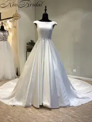 Модные дешевые свадебное платье 2018 открыть задняя часть корсета платья невесты атласные линии длинными шлейфами Vestidos De Novia