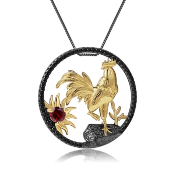 

GEM'S BALLET Natural Red Garnet Rooster Pendant Necklace 925 Sterling Silver Animal Chinese Zodiac Jewelry For Women