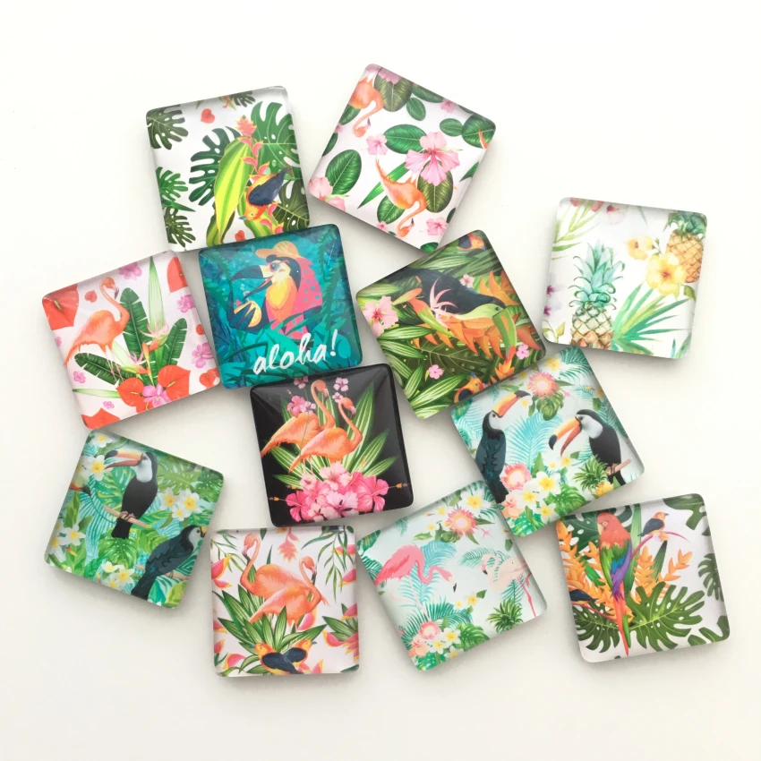 

Free shipping12pcs 3cm Square Tropical Plant/Animal Crystal Fridge Magnet Colorful Flamingo&Parrot Message Stickers Home Decor