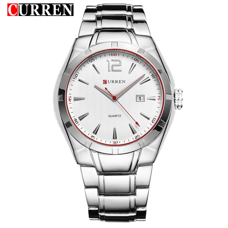 

CURREN Red Hands Casual Silver Stainless Steel Date Display Quartz Watches for Men Bracelet Clasp Waterproof Sport Watches