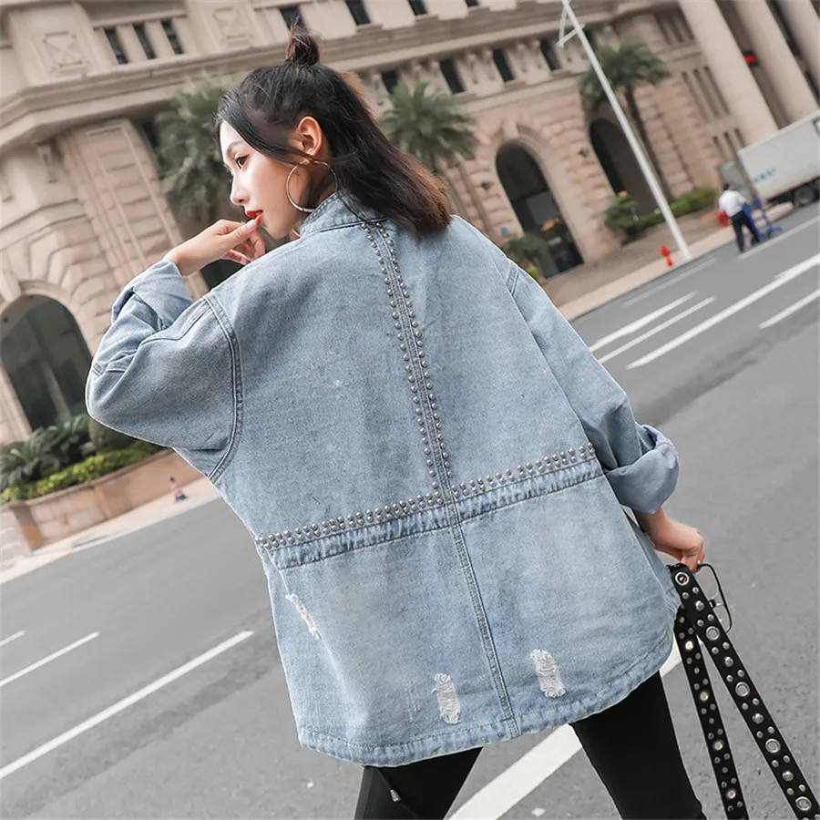 

Hodisytian Women Denim Jackets Coat Frayed Rivets Punk Style Jaqueta Loose Casual Outerwear Cardigans Casaco Feminina Plus Size