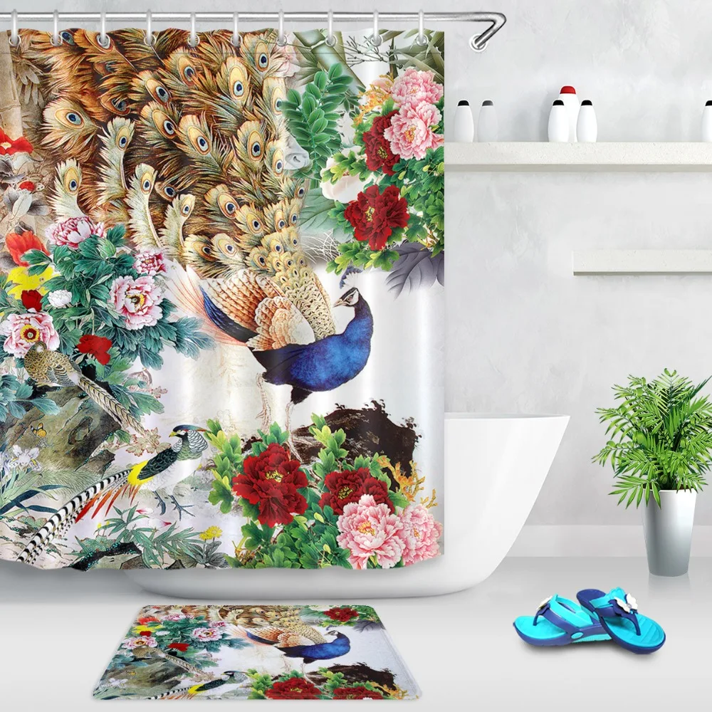 

LB Colorful Blooming Peony Elegant Peacock Shower Curtains Bathroom Curtain Waterproof Polyester Fabric for Bathtub Home Decor