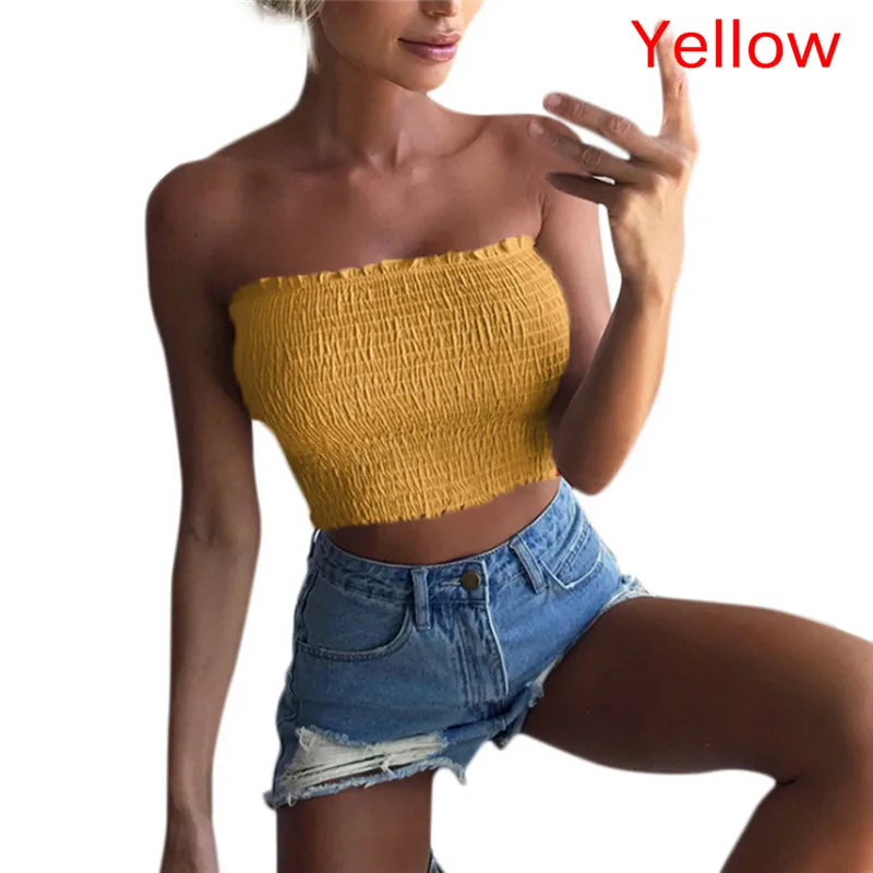 Women Sexy Strapless Ruched Elastic Bandeau Tube Top Black,white,red,yellow Summer Tube Tops Solid Breast Wrap Cropped Tops