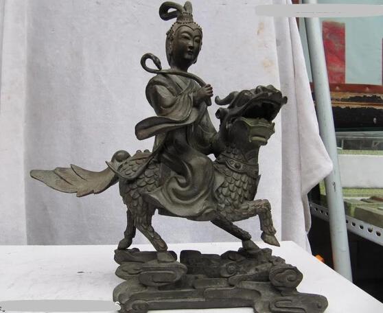 

004685 China pure bronze Bronze Carved Kwan-yin Guan Yin Boddhisattva sit kylin Statue