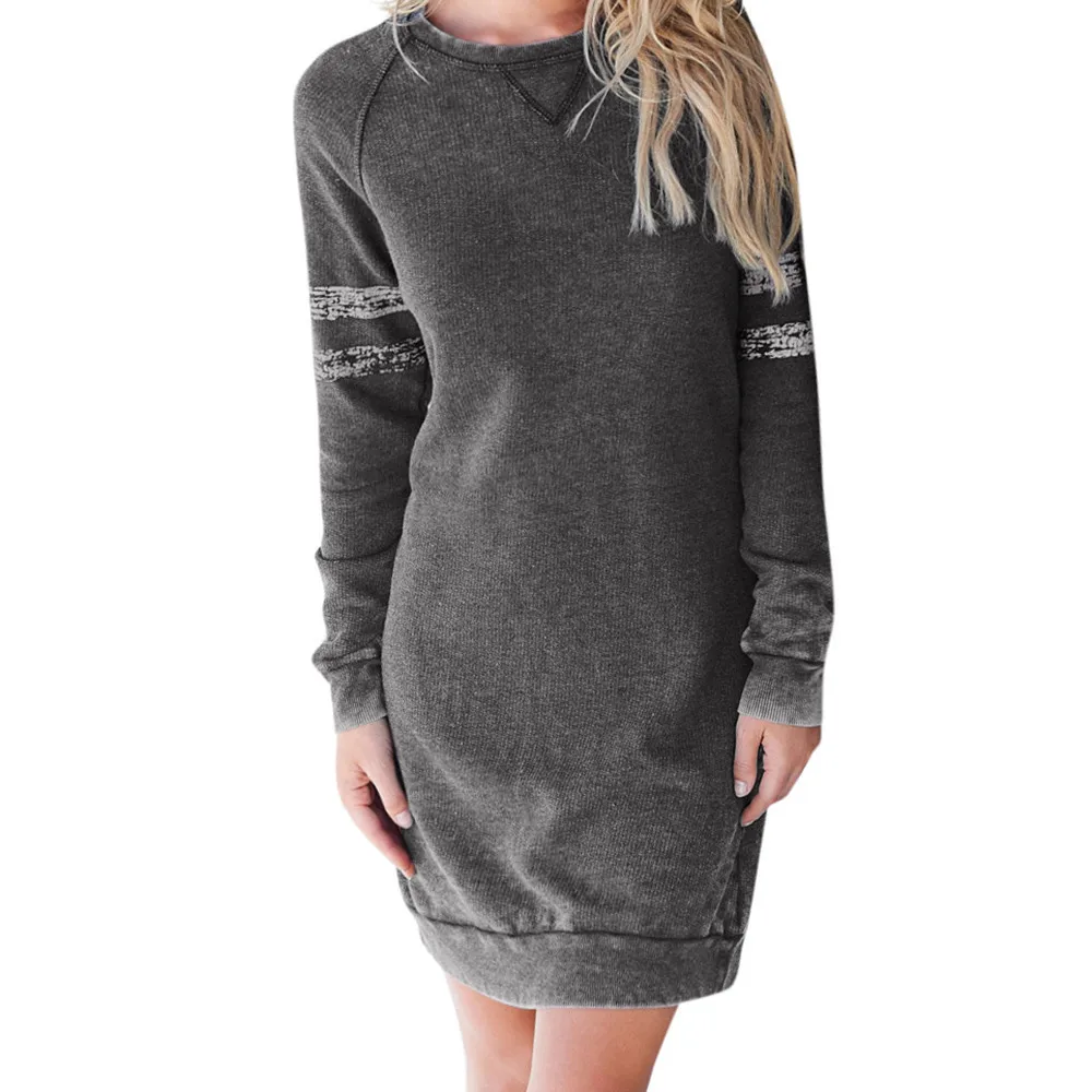 

FeiTong Long sleeve knitting sweater dress women Sexyo neck autumn winter dress Loose grey dress streetwear 2019 vestidos