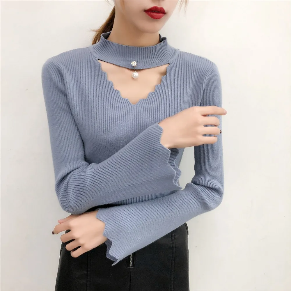 

2019 Beading Sexy Turtleneck Hollow Out Winter knitted sweater Women Flare Sleeve loose pullover female fashion autumn jumper