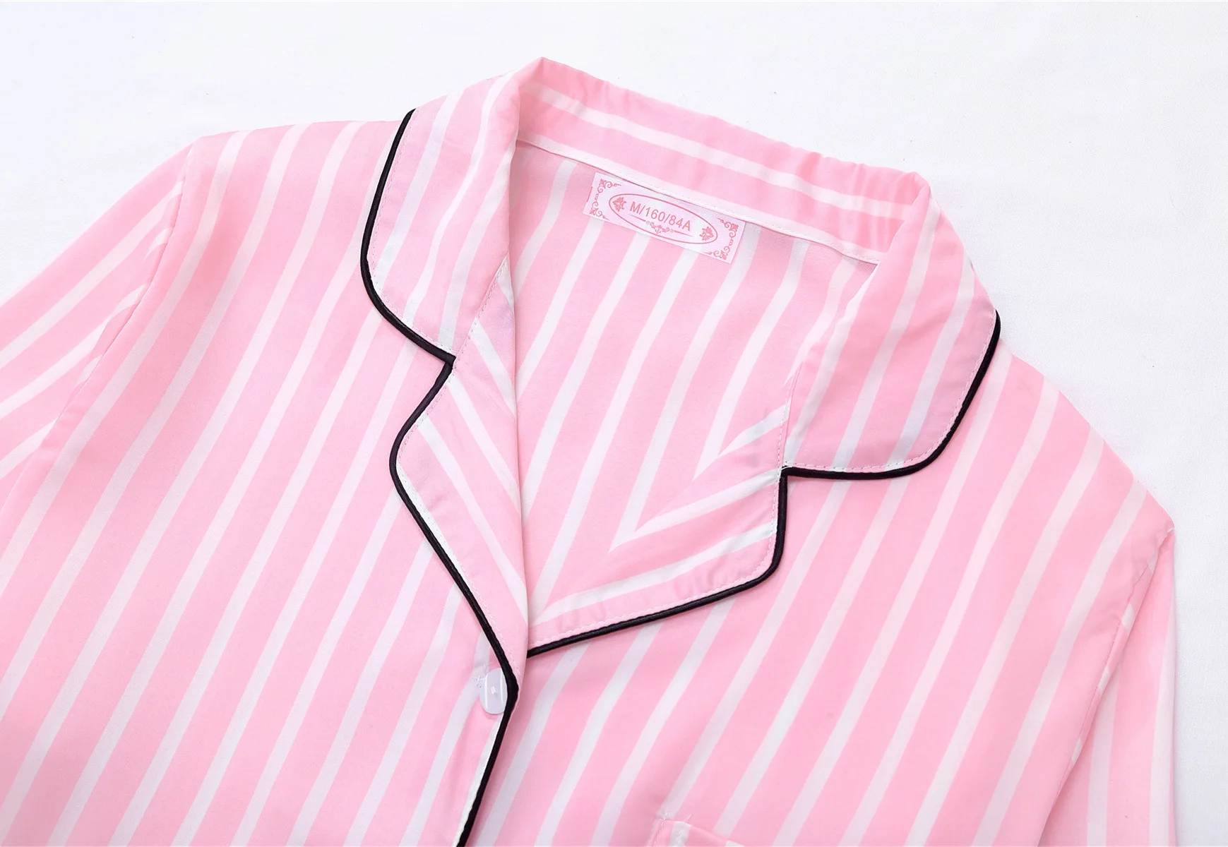 Pink Women's 7 Pieces Pajamas Sets Emulation Silk Striped Pajamas Women Homewear