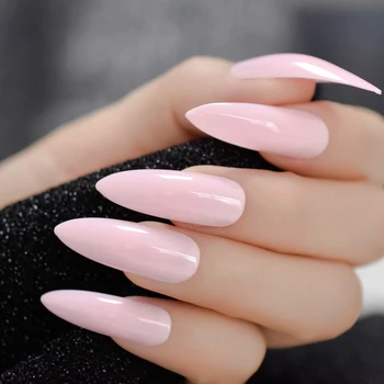 

Extra Long Stiletto Nails 24Pcs Pink Artificial Sharp Nail Art Full Cover Oval Stiletto UV Gel False Fake Nail Tips Free Sticker