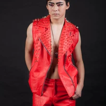 Стиль Мода 2 цвета с заклепками кожаный жилет мотоциклиста хип-хоп Джаз для ведущих танцовщиц костюм тонкий джентльмен певица с воротником, верхняя одежда для мужчин, Новинка