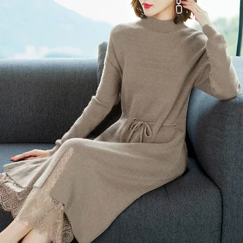 

Knitted Dress Women Lace Patchwork Faux Two Piece Dress Autumn Winter Fashion New Solid Color Stand Collar Long Sleeve