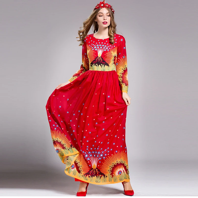 6347 élégant Longue Robe 2016 Plage Desigual étoiles Impression Rouge Début De Lautomne Superbe Pleine Manches Big Swing étage Longueur Robe Robe