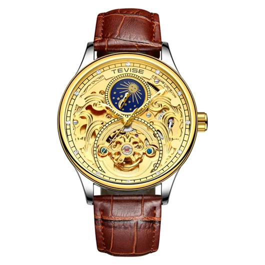 Tevise Мужские автоматические механические часы для мужчин водонепроницаемые часы из натуральной кожи Relogio Masculino деловые мужские часы - Цвет: brown gold gold