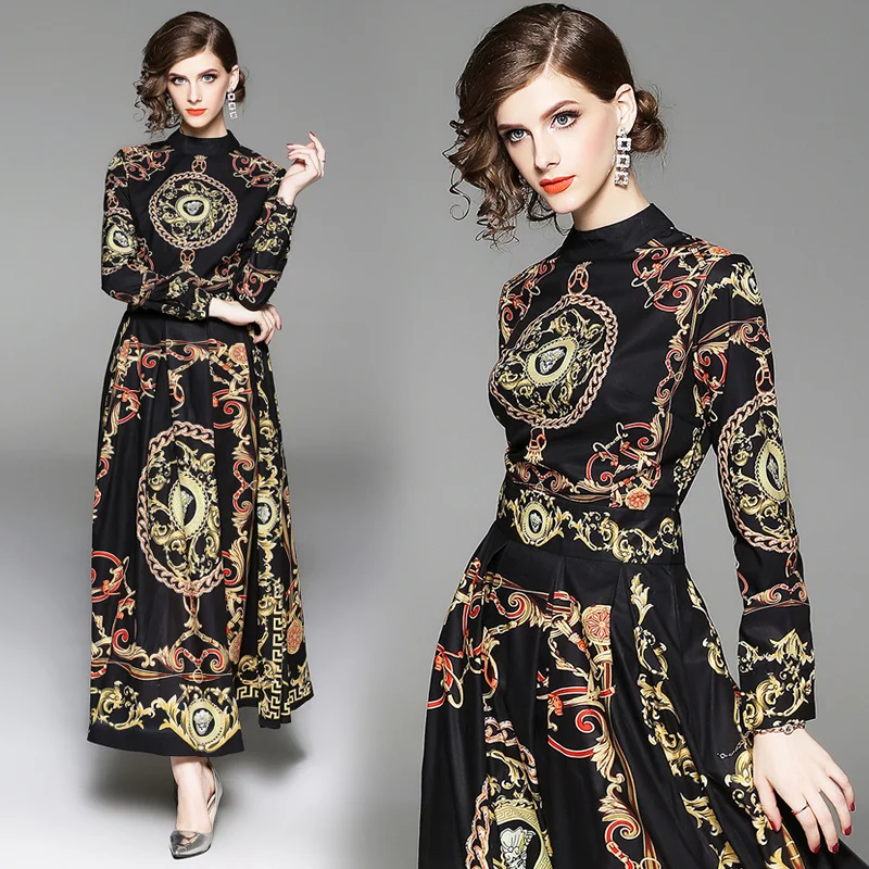 

2019 Spring New European Women's Long Sleeves Long Evening Party Print Dress Vintage Womens Casual Wear Vestidos Robe Femme