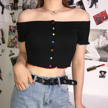 

HEYounGIRL Casual Off the Shoulder Tops for Women Harajuku Short Sleeve Crop Top T Shirt Colorful Buttons Fashion Woman Tshirt