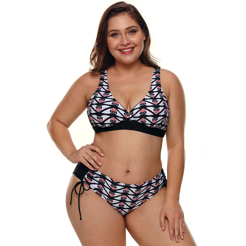 

2pcs/set Women Swimsuit Tops Panties V Neck Print Adjustable Strap Plus Size SMN88