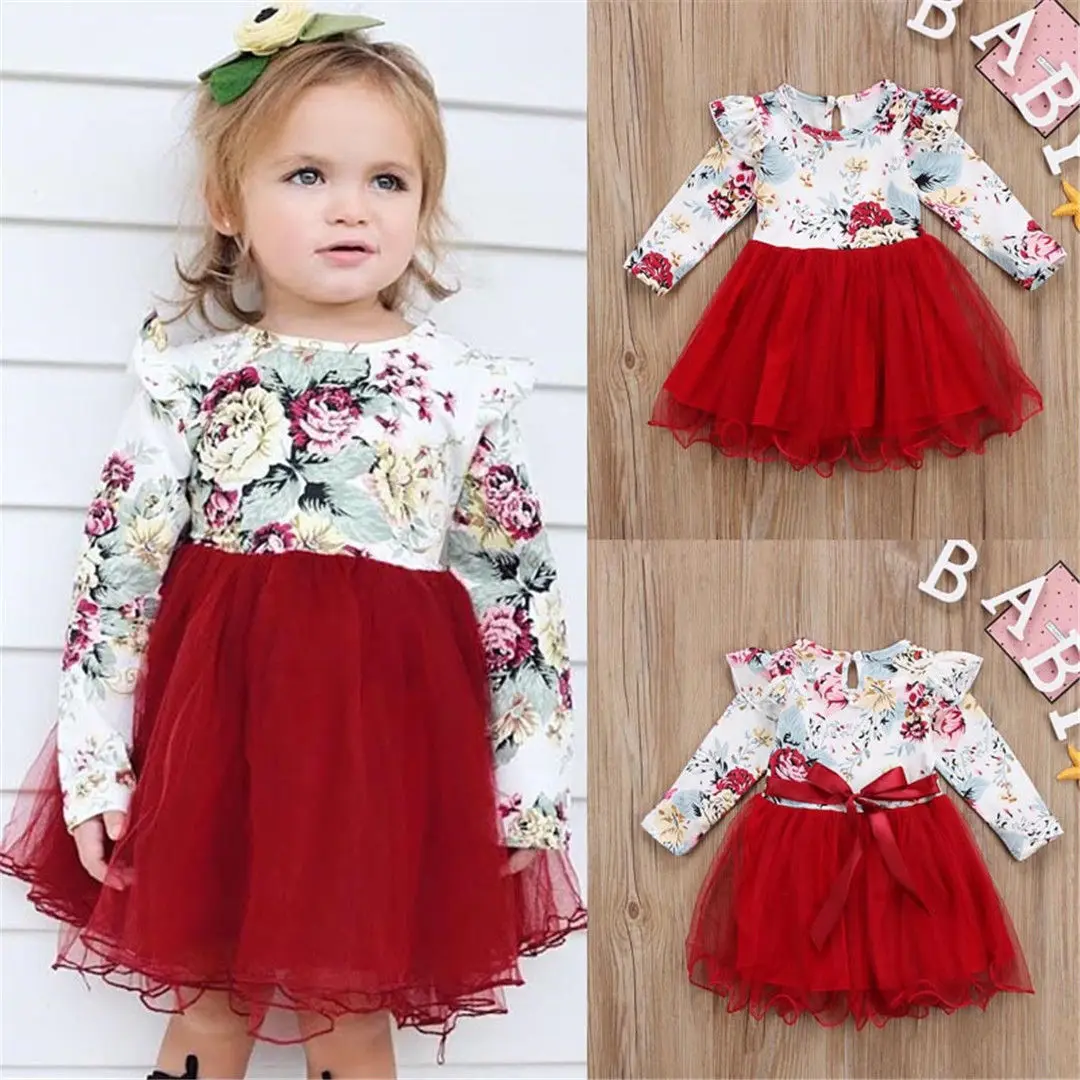 

PUDCOCO Newest Hot Toddler Kids Baby Girls Floral Long Sleeve Tulle Tutu Cute Dress Outfits Set 1-4Y