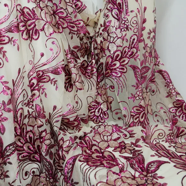 

LASUI NEW 1y Heavy clothing DIY wedding dress Rose red mix gold apricot mesh High-grade sequin embroidery flower lace fabric