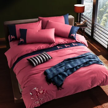 

New 100% cotton home bedding set queen king 4pcs luxury bed sheet bed linen set embroidered duvet cover blue orange