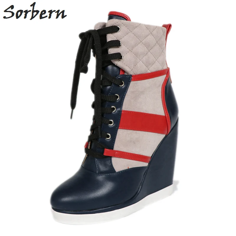 Sorbern Navy Blue Wedge High Heel Boots 