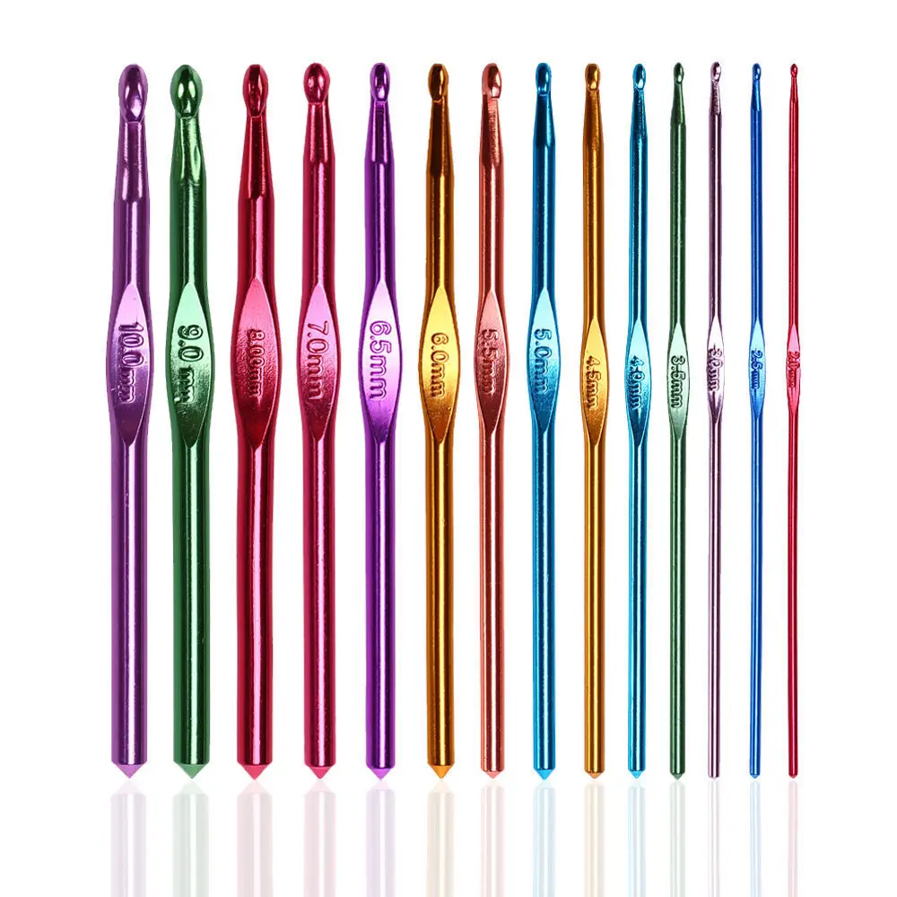 [2,0-10,0 мм] 14 шт., 14 размеров, разноцветные, Алюминиевые крючки для вязания крючком с ручками, спицы для ткацких лент, набор инструментов для вязания пряжи
