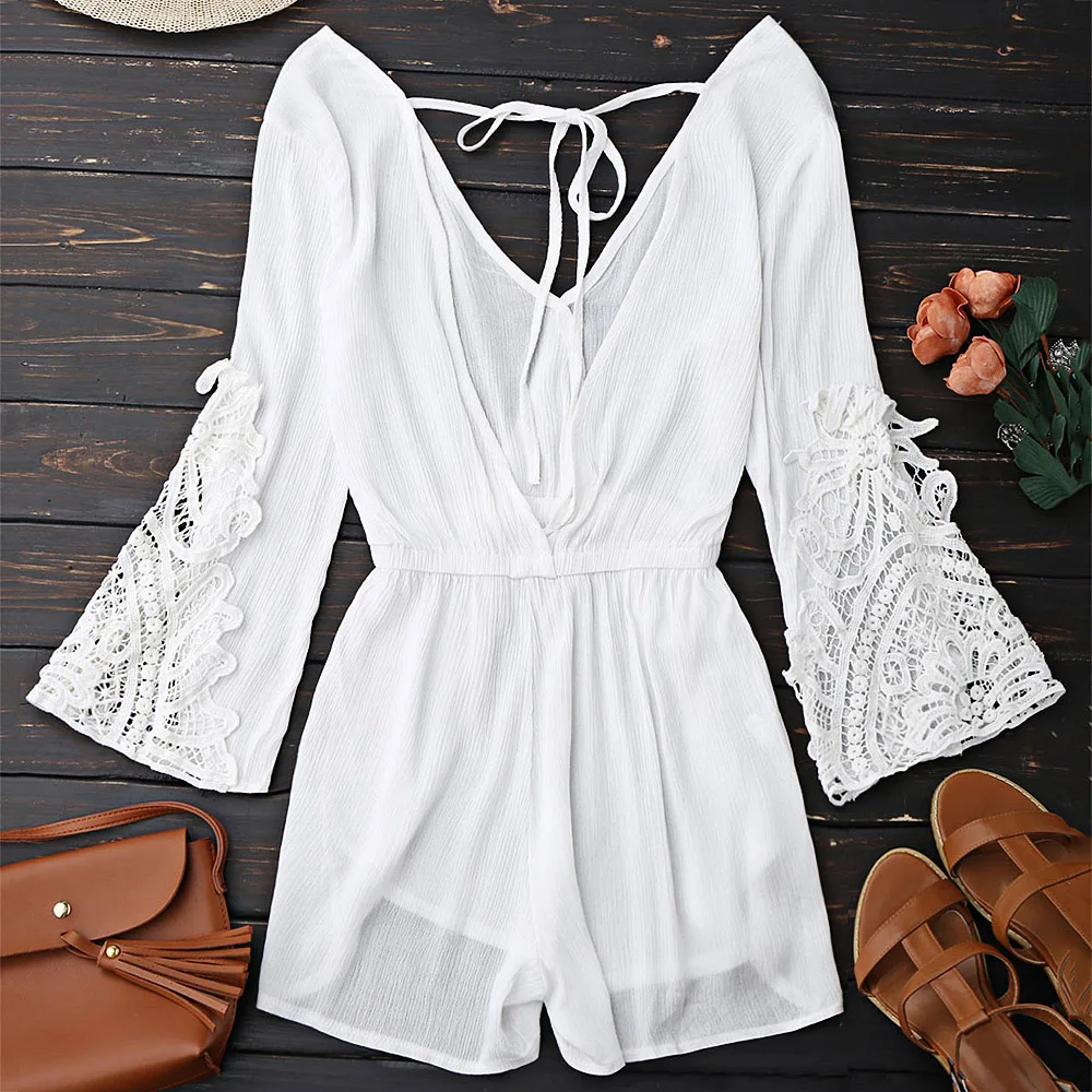 ZAFUL Low Back Plunge Linen Cover Up Romper Women Bikini Beach Dress Female Swimsuit Beachwear Bathing Suit Ups |