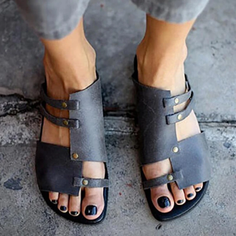 

2019 PU Leather Summer Women Casual Sandals plus size 41 42 43 leisure Beach Shoes Woman slip-on flat heels sandals