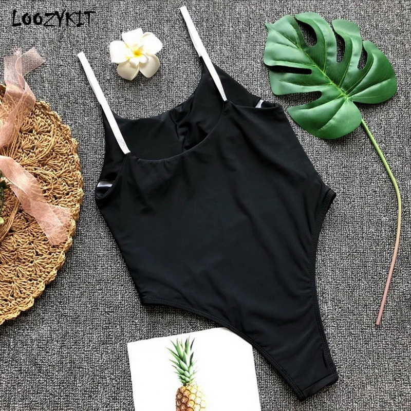 

LOOZYKIT 2019 Women One-piece Spaghtti Strap Swimsuit Solid High Waist Low Cut Backless bikini Slim High Stretch Swimwear