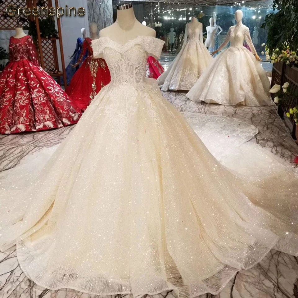 

Greenspine Princess Wedding Gowns 2019 Vintage Lace Appliqued Long Bridal Dresses Corset Crystal Beading Wedding Dress Train