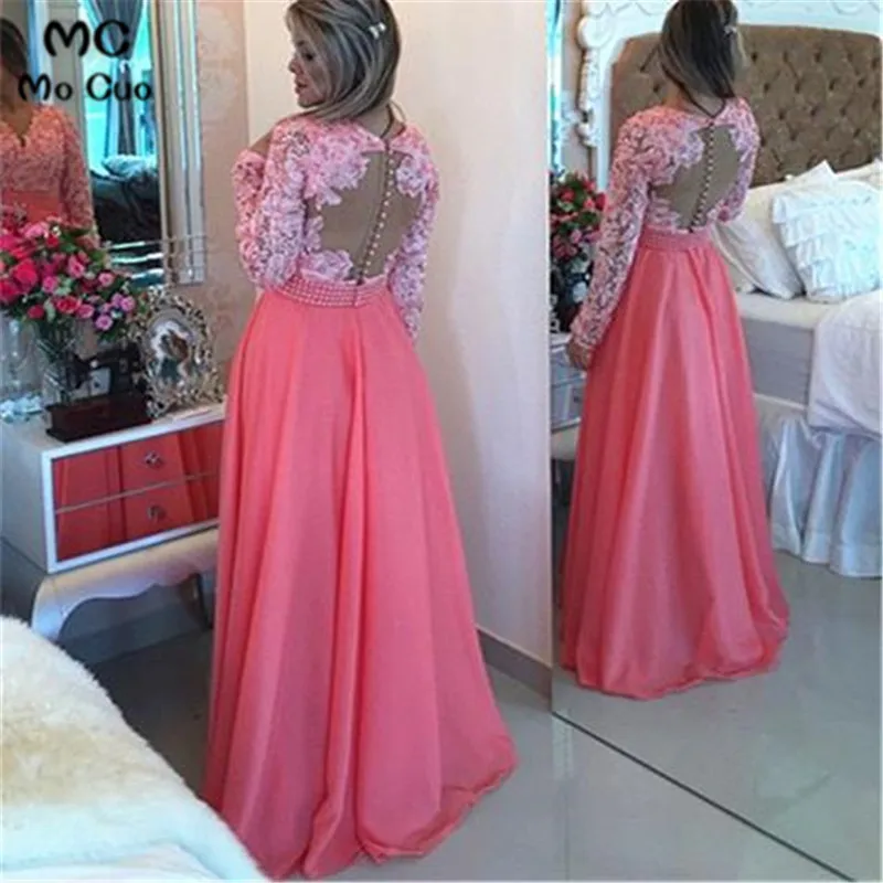 2019 Coral Long Sleeves Evening Dresses Long with Appliques Pearls V-Neck Chiffon A-Line Formal Evening Party Dress for Women